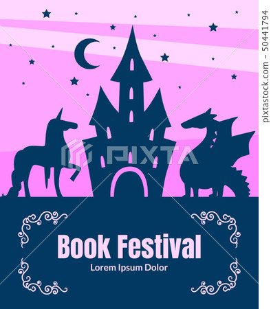 Book Festival Banner Template, Silhouette of Fairytale Magic Castle, Dragon and Unicorn on Sunset Book Festival Banner Template, Silhouette of Fairytale Magic Castle, Dragon and Unicorn on Sunset 50441794