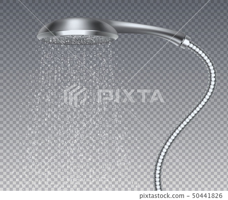 Bathroom metal head. Realistic water rain shower, isolated metal sprinkler with water spray. Vector 50441826