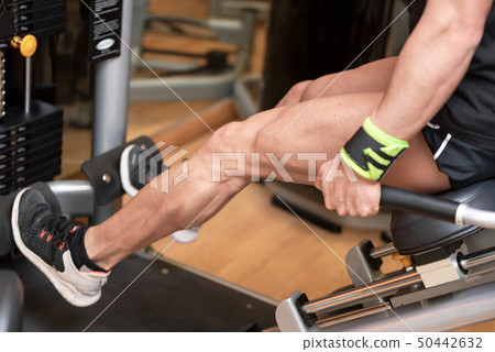 Handsome strong man performed leg press workout in the gym. Handsome strong man performed leg press workout in the gym. 50442632