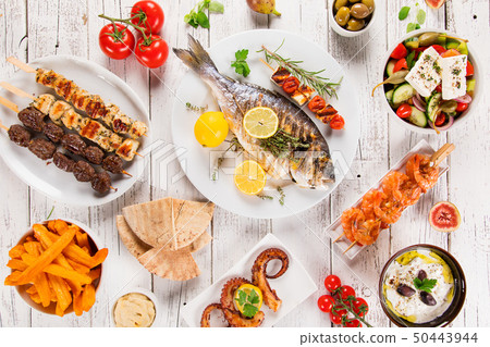 Greek food background. Traditional different... - Stock Photo [50443944] -  PIXTA