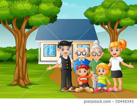 Cartoon family in front of the house yard 50448343