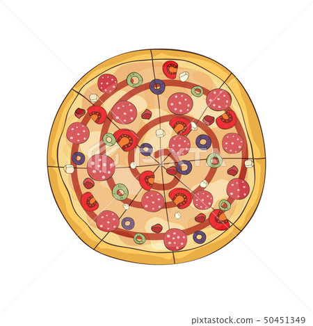 Hot ready pizza with salami and ketchup. Vector illustration. 50451349