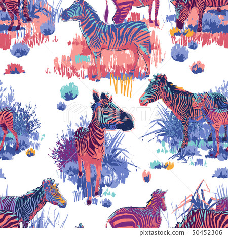 The herd of zebras sowing in steppe landscape 50452306