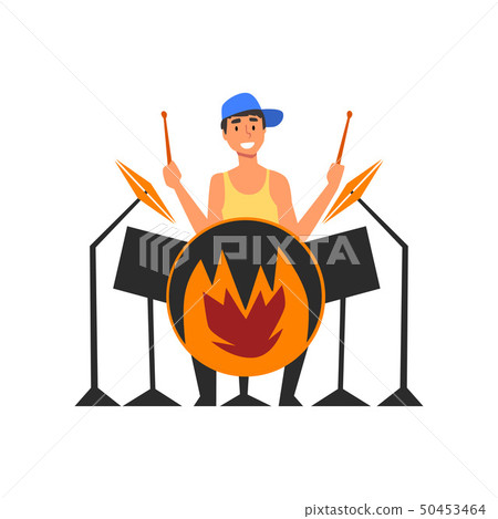 Male Drummer Playing Drums, Man Sitting Behind Drum Kit at Open Air Concert, Rock Fest, Outdoor 50453464