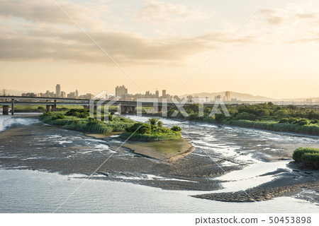 Taipei cityscape of buildings with river 50453898