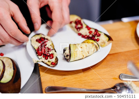 Badrijani Georgian traditional eggplant rolls. Badrijani Georgian traditional eggplant rolls. 50455111