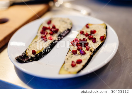Badrijani Georgian traditional eggplant rolls. 50455112