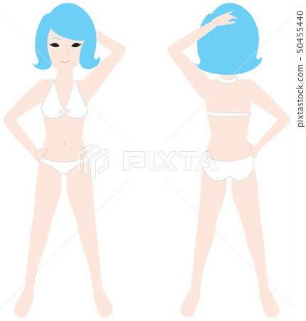 Front and back of a woman in a swimsuit posing with her hands on her hips 50455440