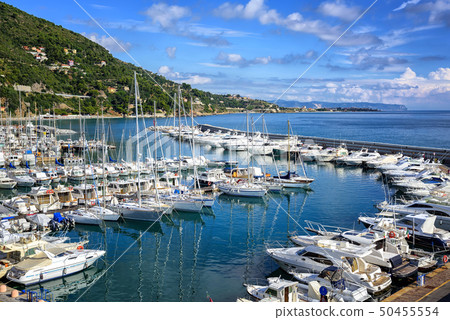 White yachts in port of Alassio on Riviera, Italy 50455554