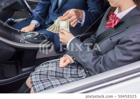 Dangerous danger that high school girl in a car gets money for a married man in a suit 50458325