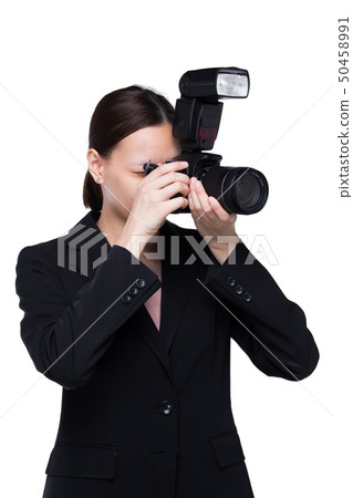 Photographer hold camera with external flash point 50458991