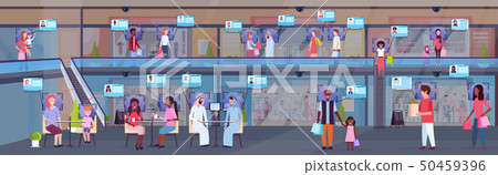mix race people walking modern big shopping mall facial recognition concept security camera 50459396