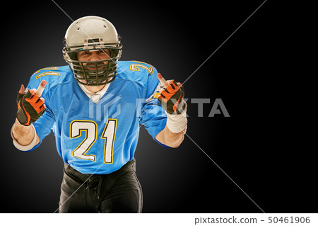 Portrait of American football player shows middle finger Portrait of American football player shows middle finger 50461906