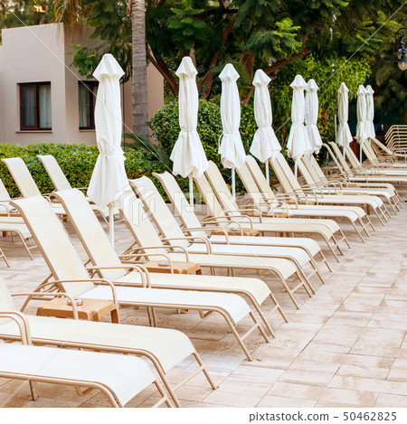 Many deck chairs standing on the hotel territory. 50462825