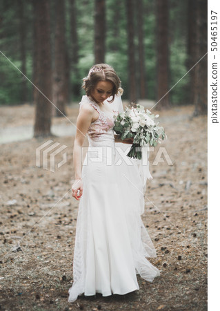 Beautiful bride posing in wedding dress outdoors 50465197