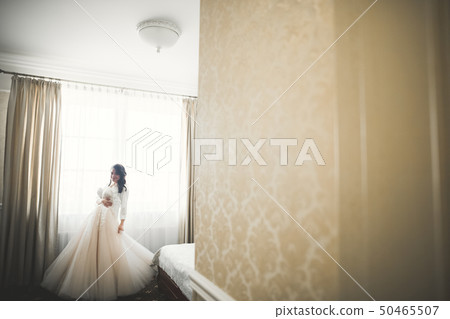 Portrait of beautiful bride with fashion veil at wedding morning 50465507