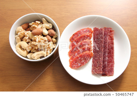 各種小吃。 （混合堅果，牛肉乾，乾香腸） 50465747