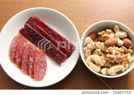 各種小吃。 (混合堅果,牛肉乾,乾香腸) 各種小吃。 (混合堅果,牛肉乾,乾香腸) 50465758