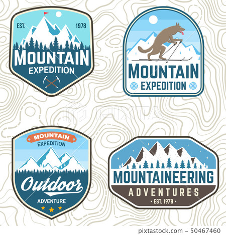 Set of mountain expedition patches. Vector. Concept for alpine club shirt or badge, print, stamp Set of mountain expedition patches. Vector. Concept for alpine club shirt or badge, print, stamp 50467460