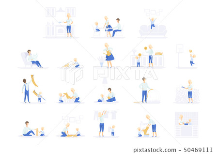Parents and their kid spending time together and doing homework set, family lifestyle concept vector Parents and their kid spending time together and doing homework set, family lifestyle concept vector 50469111