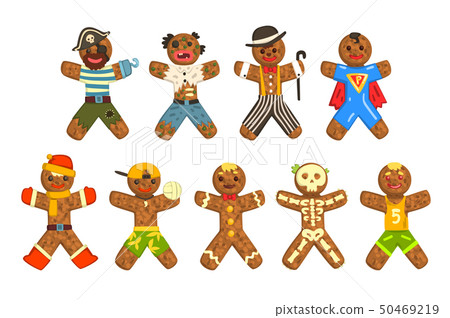 Gingerbread men wearing different costumes set, funny Christmas characters ector Illustration on a 50469219