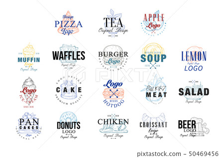 Food logo design set, muffin, waffles, burger, cake, hotdog, pancakes, donut, chiken, ice crem 50469456