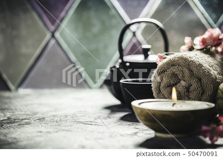Tea and SPA composition. Natural cosmetics and wellness concept. Tea and SPA composition. Natural cosmetics and wellness concept. 50470091