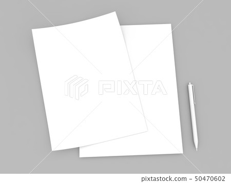 Empty sheets of white paper and pen mock up . - Stock Illustration ...