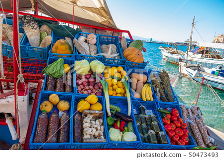 Vegetables at a market stall on a boat in Aegina 50473493