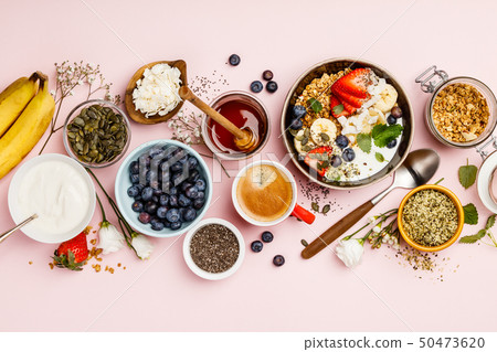 Healthy breakfast set with coffee and granola 50473620