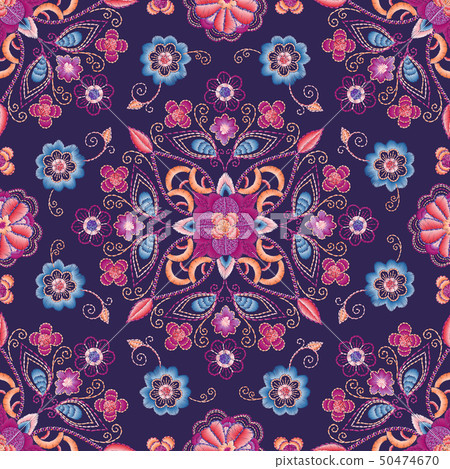 Embroidery seamless pattern with beautiful flowers. Vector handmade floral ornament on dark Embroidery seamless pattern with beautiful flowers. Vector handmade floral ornament on dark 50474670