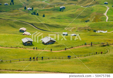 road and houses, green fields at Dolomites mountains, Italy 50475786