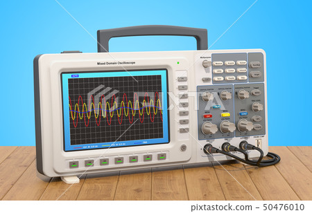 Oscilloscope on the wooden table, 3D rendering 50476010