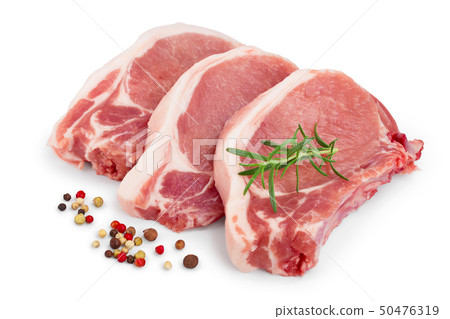 sliced raw pork meat with rosemary and peppercorn isolated on white background 50476319