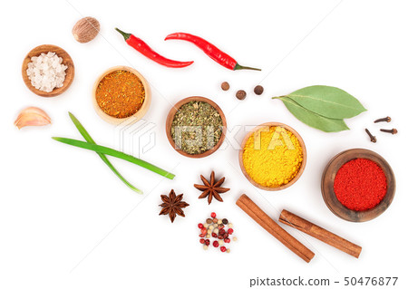 mix of spices in wooden bowl isolated on a white background with copy space for your text. Top view 50476877