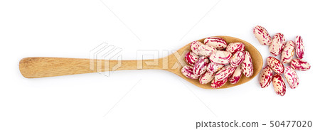 variegated kidney bean in wooden spoon isolated on white background. Top view. Flat lay 50477020
