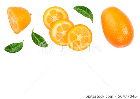 Cumquat or kumquat with slices isolated on white background with copy space for your text. Top view Cumquat or kumquat with slices isolated on white background with copy space for your text. Top view 50477040