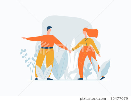 Young couple walking outdoor. Man leads a woman. Following referral relationship concept. Lifestyle Young couple walking outdoor. Man leads a woman. Following referral relationship concept. Lifestyle 50477079