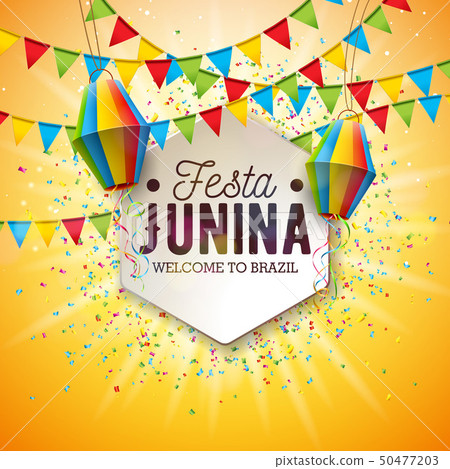 Festa Junina Illustration with Party Flags and Paper Lantern on Yellow Background. Vector Brazil 50477203