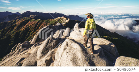 Hiker do trekking activity on mountain in Japan. Hiker do trekking activity on mountain in Japan. 50480574
