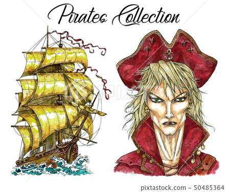 Portrait of handsome pirate captain and old ship Portrait of handsome pirate captain and old ship 50485364