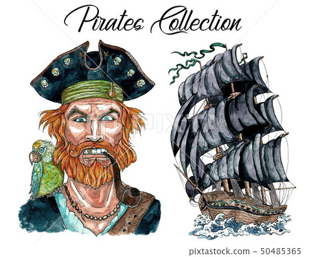 Portrait of pirate captain with pipe and ship Portrait of pirate captain with pipe and ship 50485365
