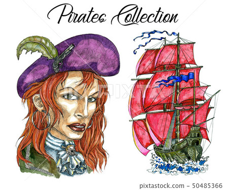 Portrait of woman pirate captain and ship Portrait of woman pirate captain and ship 50485366