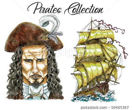 Portrait of pirate captain with scar and ship 50485367