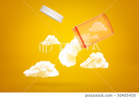3d rendering of transparent orange medicine jar tilted down in air with white fluffy clouds emerging 3d rendering of transparent orange medicine jar tilted down in air with white fluffy clouds emerging 50485450