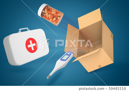 3d rendering of doctor's case, electrical thermometer, jar full of pills and empty cardboard box on 50485510