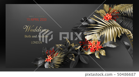 Tropical black and gold leaves on dark background Tropical black and gold leaves on dark background 50486687