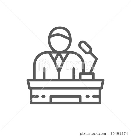 Speaker on tribune, project presentation, president, leader line icon. Speaker on tribune, project presentation, president, leader line icon. 50491374