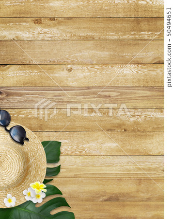 Background-Sea-Summer-Beach-Wood Deck-Monstera-Plumeria-Straw Hat-Sunglasses 50494651