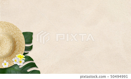 Background-Sea-Summer-Beach-Monstera-Plumeria-Straw Hat 50494991